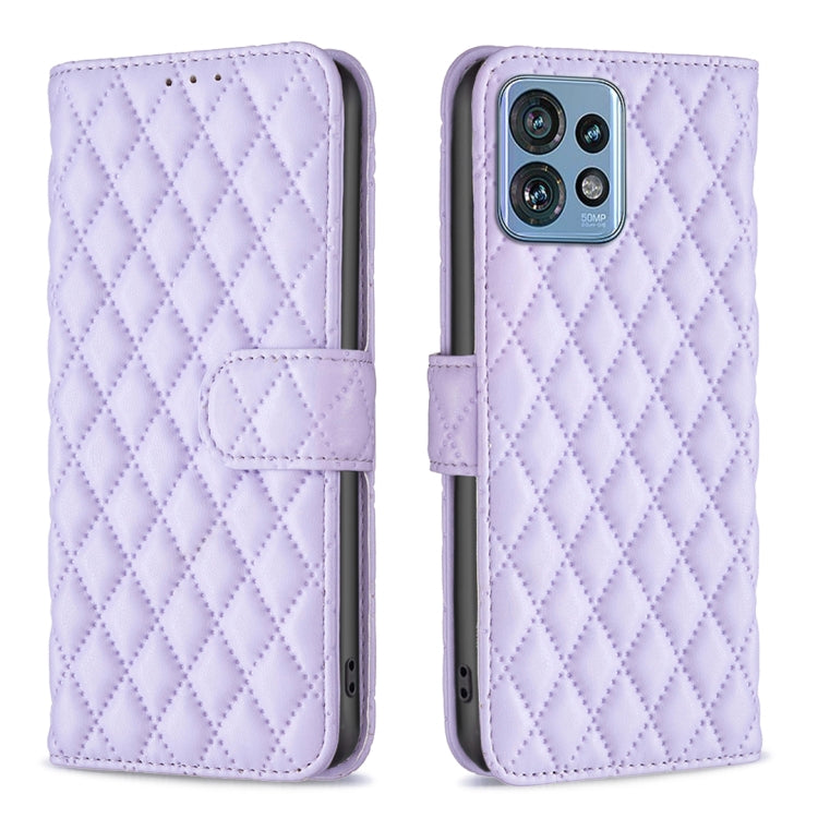 Lavender diamond lattice leather flip wallet phone case with magnetic strap