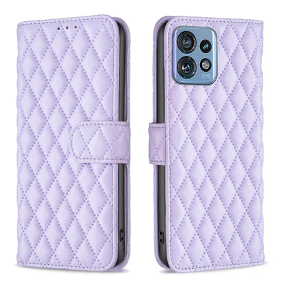 Lavender diamond lattice leather flip wallet phone case with magnetic strap