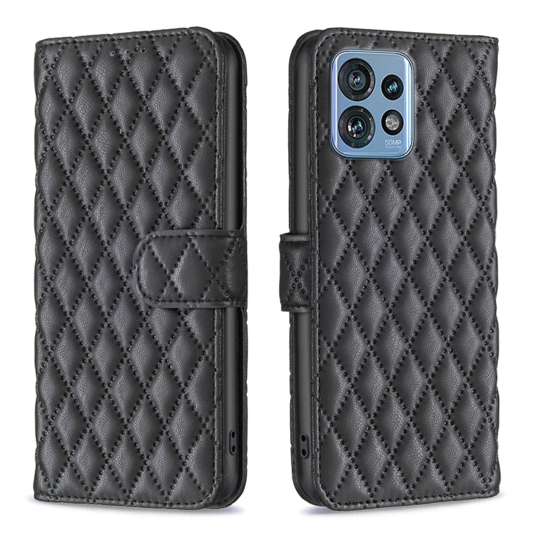 Black diamond lattice leather flip wallet phone case with magnetic strap