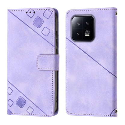 Light purple embossed leather phone case with side button cutouts and flip strap
