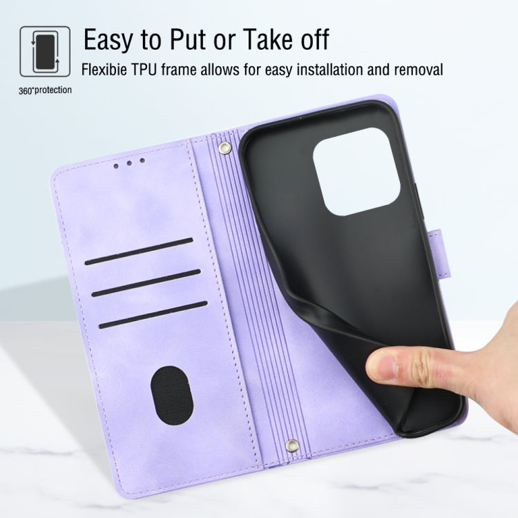 Light purple embossed leather phone case with flip cover and visible card slot divider