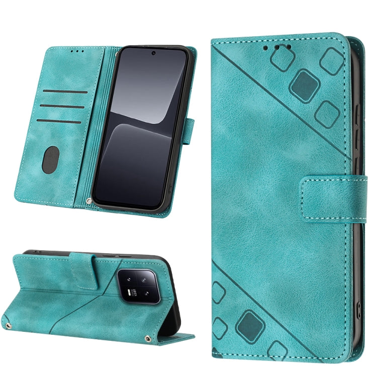 Teal embossed leather phone case with flip cover, card slot, and stand