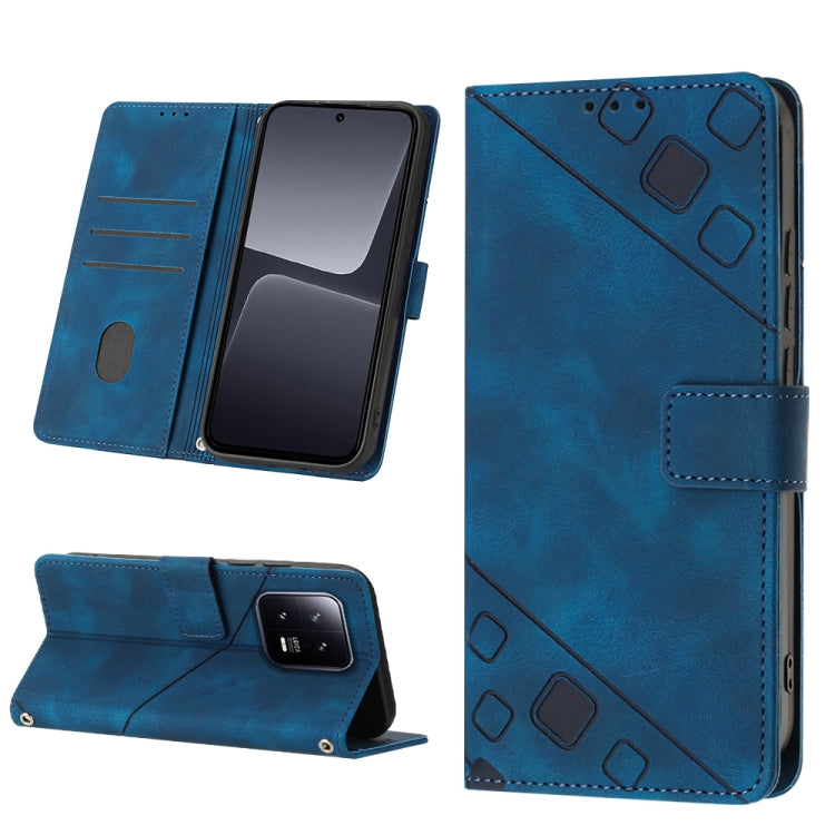 Blue embossed leather phone case with flip cover and diagonal pattern embossing