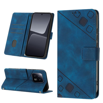 Blue embossed leather phone case with flip cover and diagonal pattern embossing