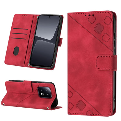 Red embossed leather phone case with flip cover and card slot cutouts