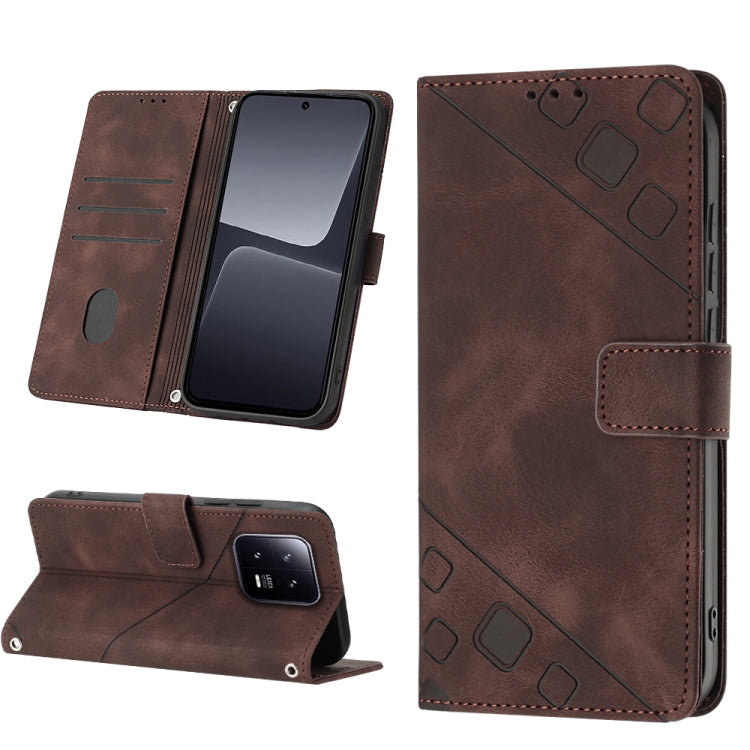 Brown embossed leather phone case with flip cover, stitched strap, and card slot