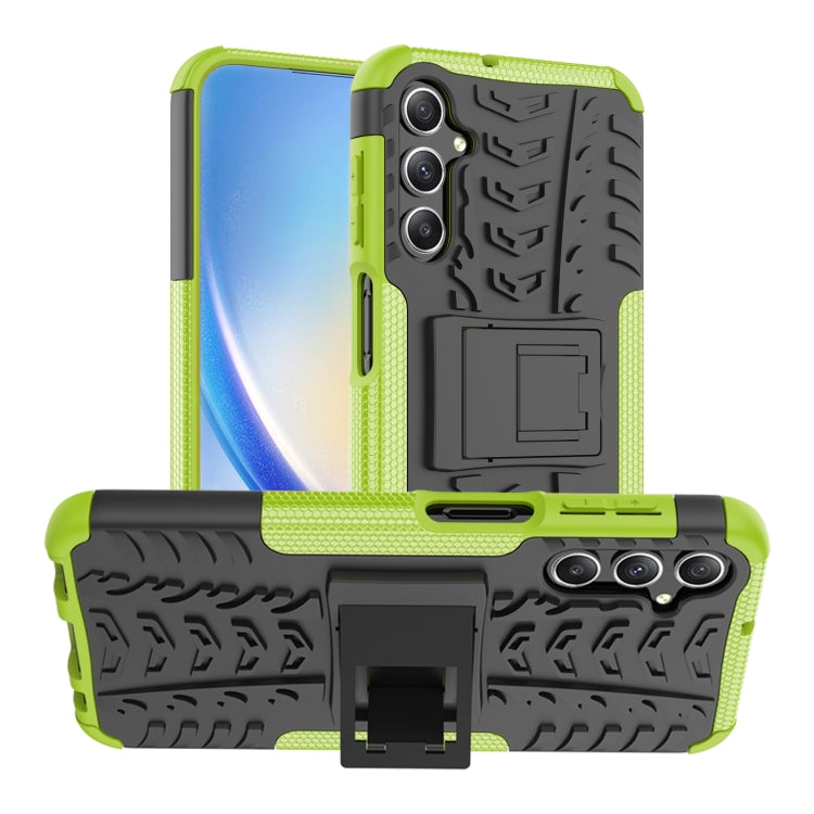 Green tire-texture TPU phone case with PC back, triple-camera cutouts, and stand holder