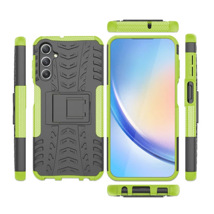 Tire-texture phone case with built-in stand holder, green sides, and camera protection