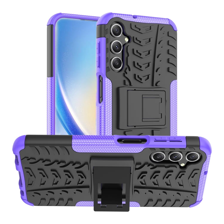 Purple tire-texture TPU phone case with PC back, triple-camera cutouts, and stand holder