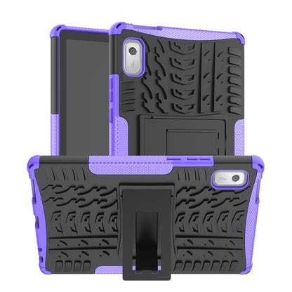 Tire-texture phone case with kickstand holder, black with purple accents