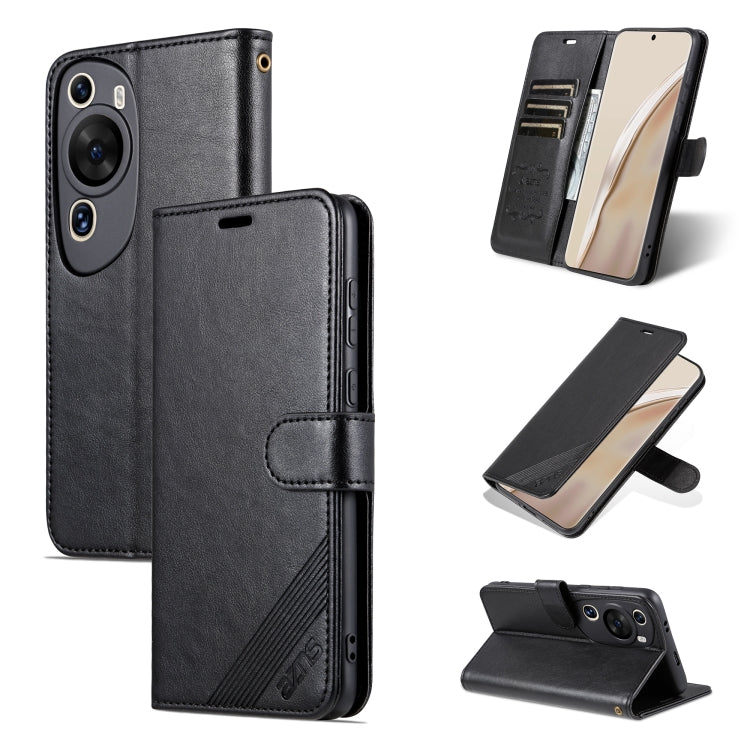 Black flip phone case with textured leather, magnetic cover and card slots