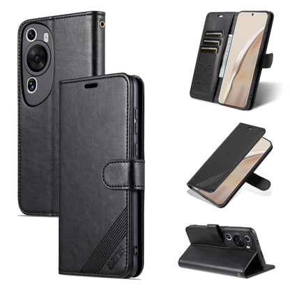Black flip phone case with textured leather, magnetic cover and card slots