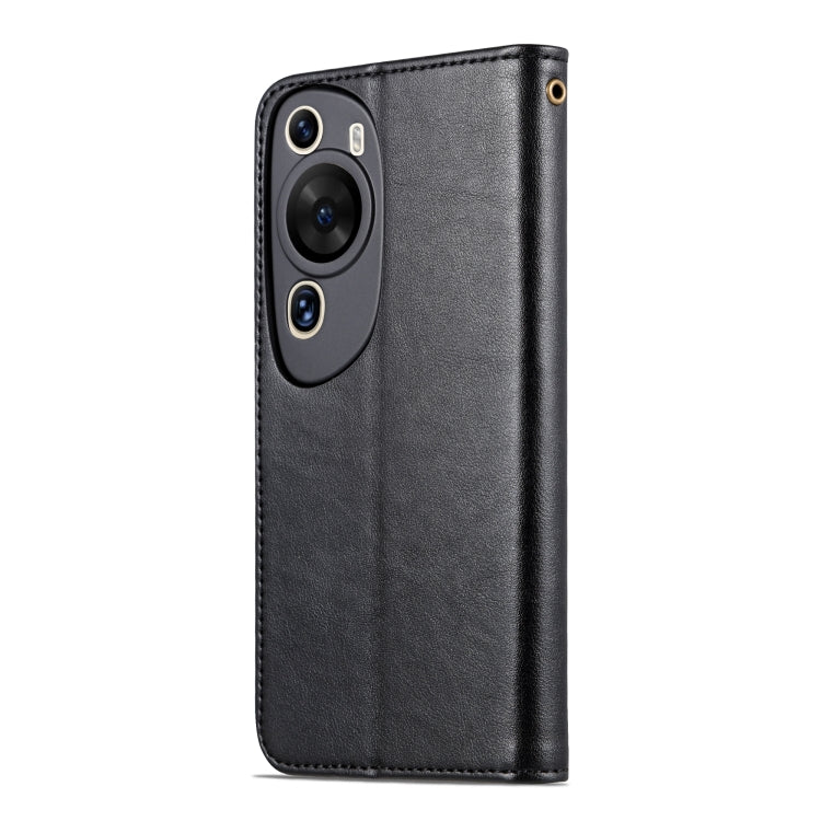 Black leather flip phone case with camera cutout and smooth back