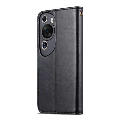 Black leather flip phone case with camera cutout and smooth back
