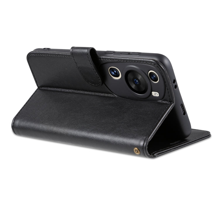 Black flip phone case with built-in stand, angled for viewing