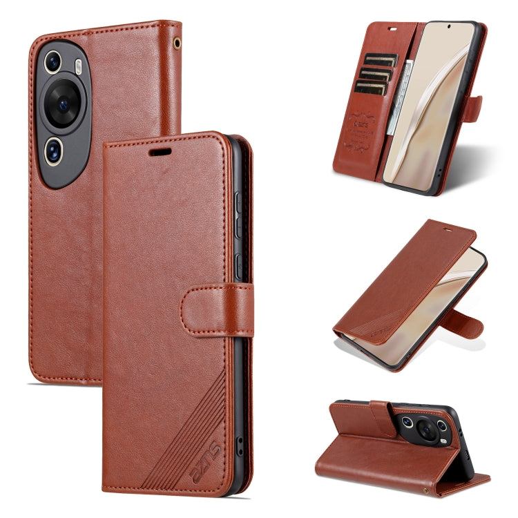 Brown flip phone case with textured leather and magnetic front flap
