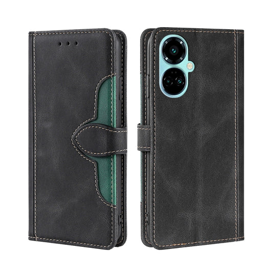 Magnetic buckle leather phone case, black with green interior and stitched edges