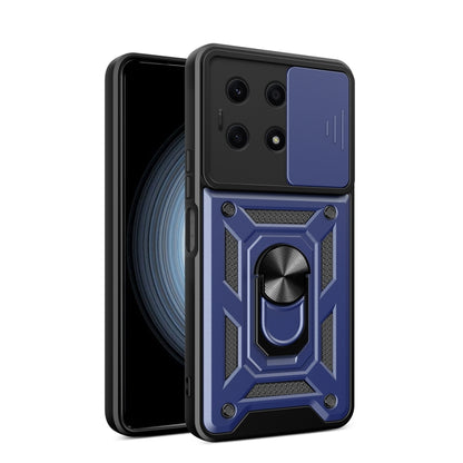 Blue rugged phone case with sliding camera cover and textured armor frame