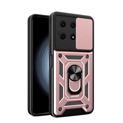 Rose pink rugged phone case with sliding camera cover and armor-style ring