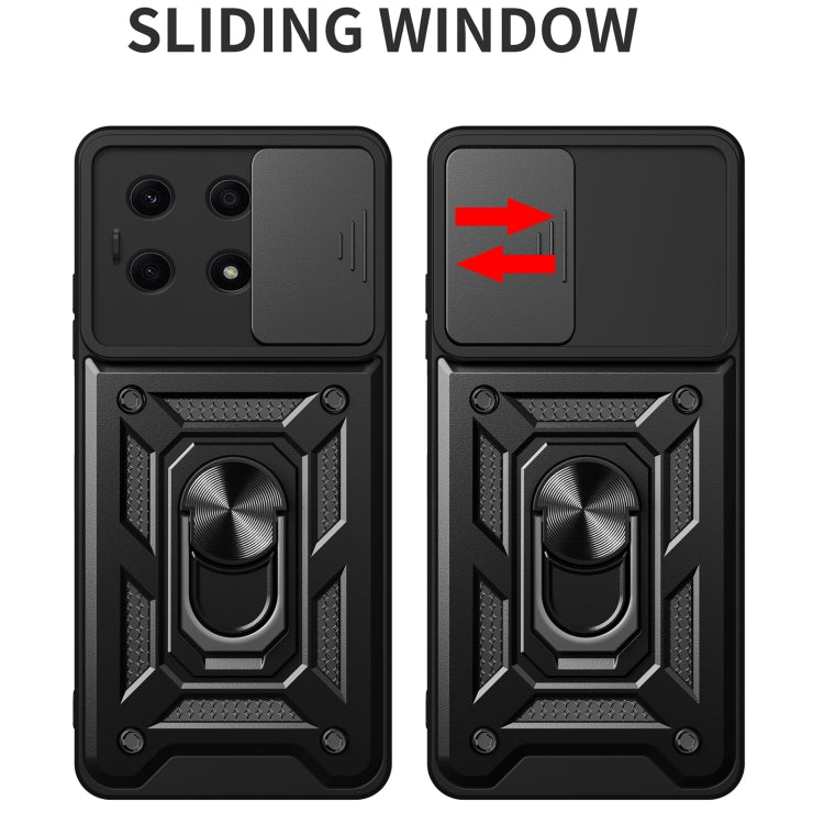 Black sliding window phone case with ring stand and protective camera cover