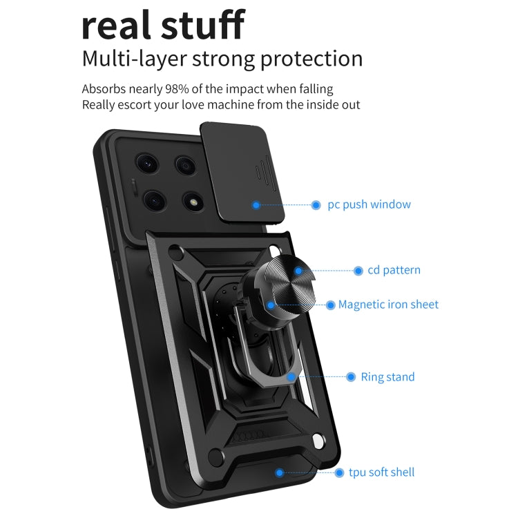 Black sliding camera cover phone case with TPU soft shell, ring stand, and magnetic plate