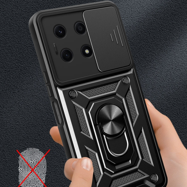 Black sliding window phone case with textured grip and ring stand, front and back view