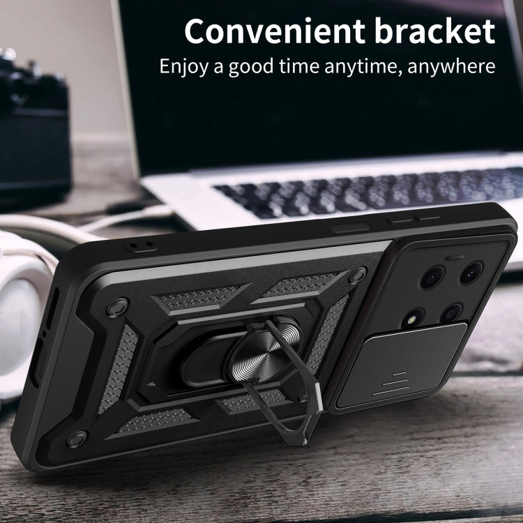 Black phone case with ring stand bracket and sliding camera cover for device protection