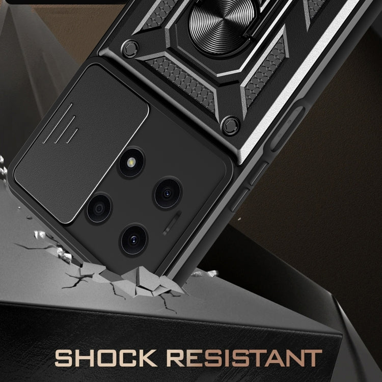 Black sliding camera cover phone case with shock-resistant design and ring stand