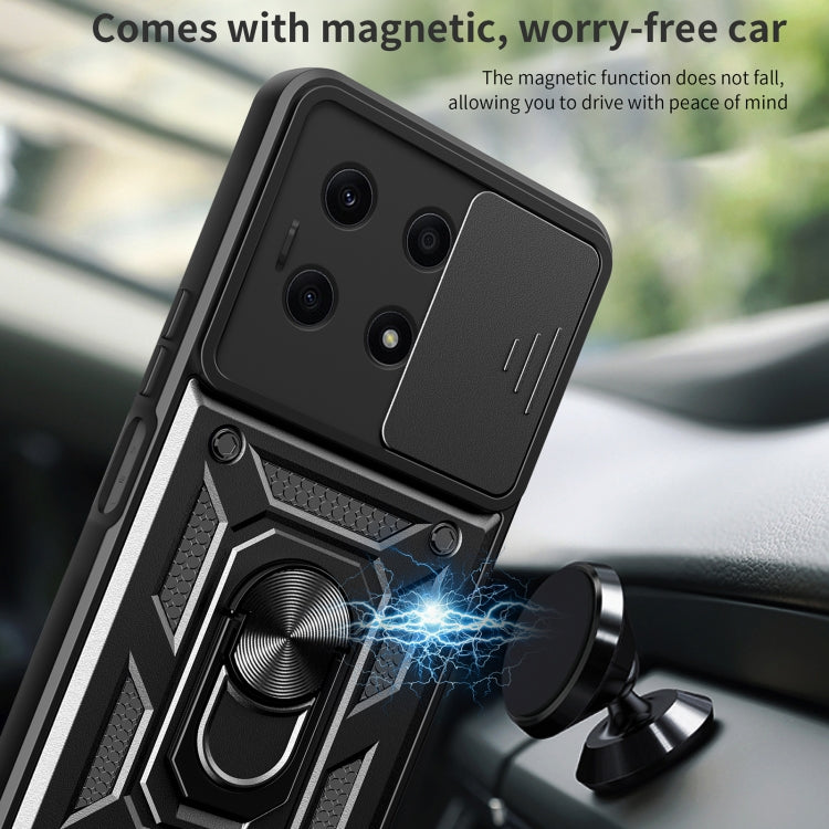 Black phone case with magnetic car mount support, ring stand, and sliding camera cover