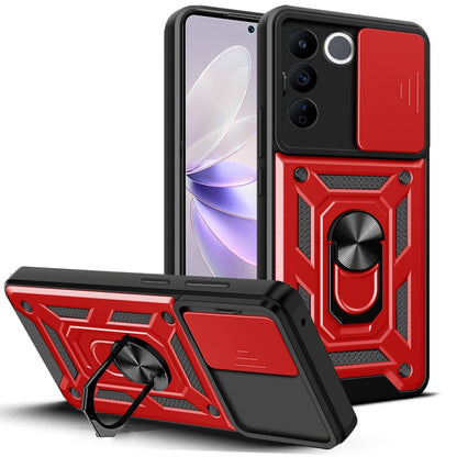 Red rugged phone case with sliding camera cover and kickstand ring holder
