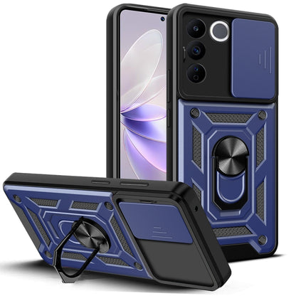 Blue rugged phone case with sliding camera cover and kickstand ring holder