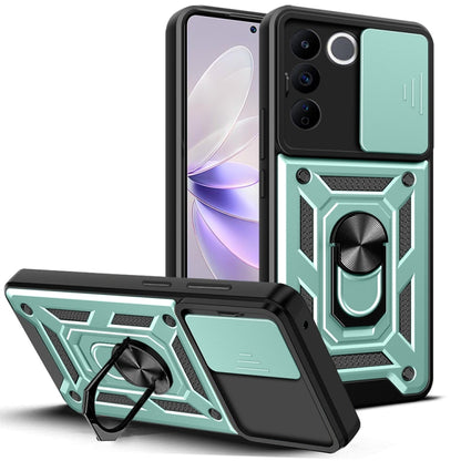 Green rugged phone case with sliding camera cover and kickstand ring holder