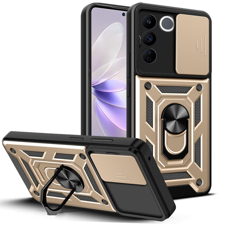 Sliding camera cover phone case in black with gold accents and built-in ring stand