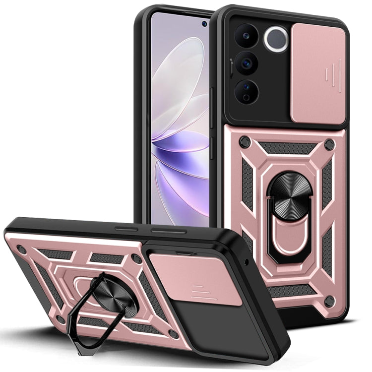 Sliding camera cover phone case in black with rose-gold accents and built-in ring stand
