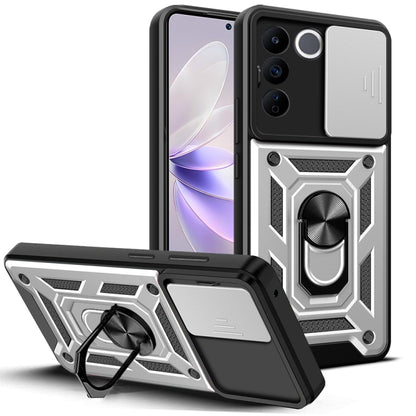 Sliding camera cover phone case in black with silver accents and built-in ring stand