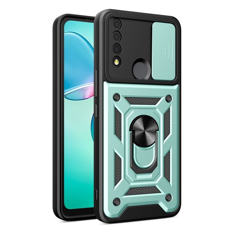 Sliding camera cover phone case in black with teal accents and built-in ring stand