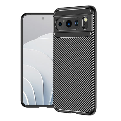 Carbon fiber TPU phone case shown with phone front; protective black frame and camera openings