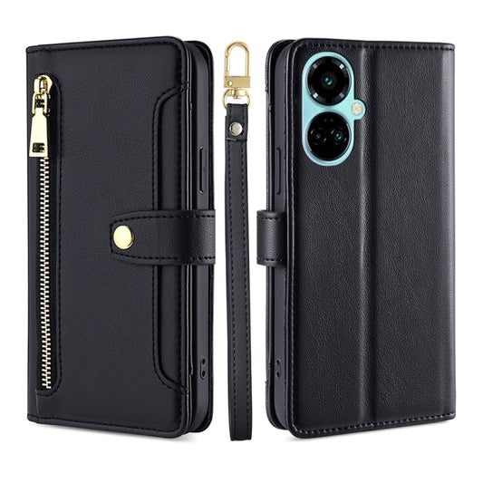 Black leather phone wallet case with cross-body strap and zippered pocket