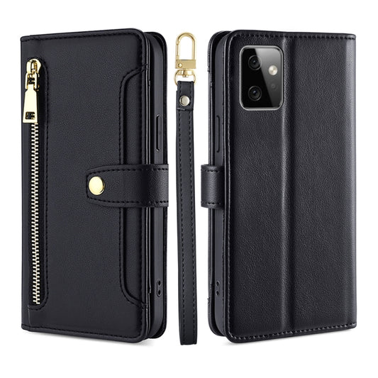 Black leather cross-body phone wallet with zipper and card slots, gold-tone hardware