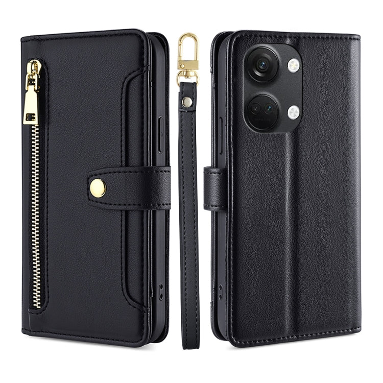 Black leather cross-body wallet phone case with zipper and magnetic snap strap