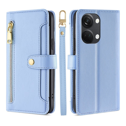 Light blue leather cross-body wallet phone case with zipper and snap strap