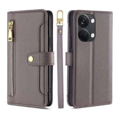 Grey leather cross-body wallet phone case with zipper and magnetic snap strap