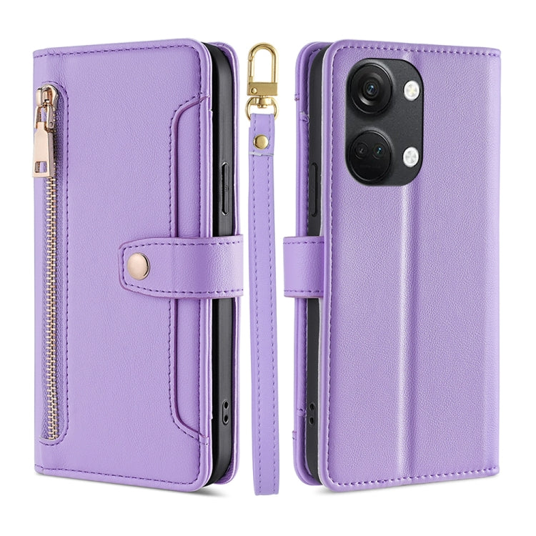 Leather cross-body zipper wallet phone case, purple, with strap and card slot.
