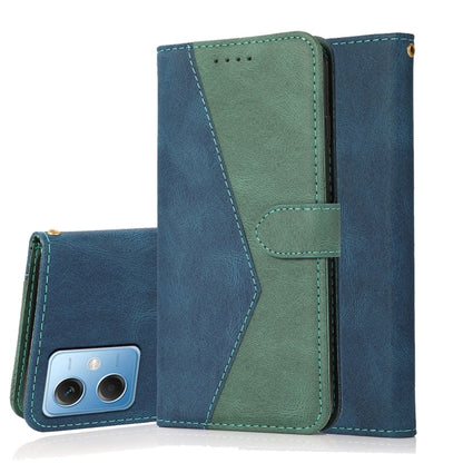 Dual-color leather phone case with blue and green panels, stitched edges, phone back visible