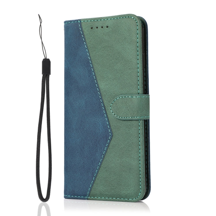 Blue and green leather phone case with side wrist strap, stitched trim, phone front visible