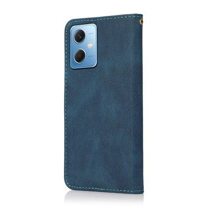 Blue leather phone case with green stitching, precise camera cutout, phone back shown