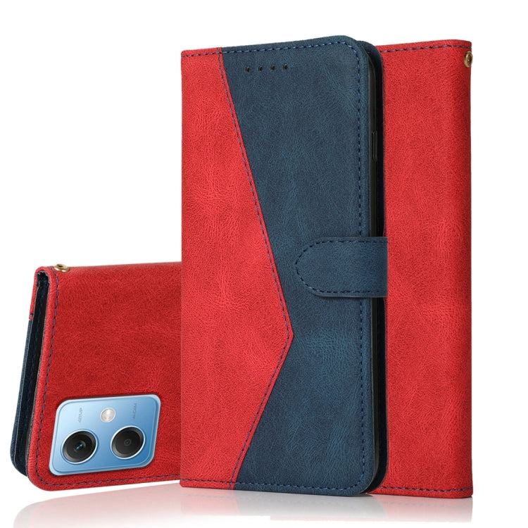 Dual-color leather phone case with red and blue panels, stitched edges, phone back visible