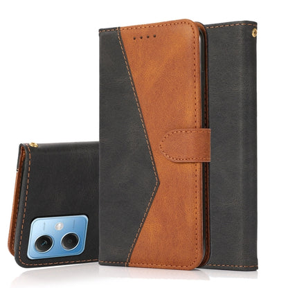 Dual-color leather phone case with tan and dark panels, stitched trim, phone back visible