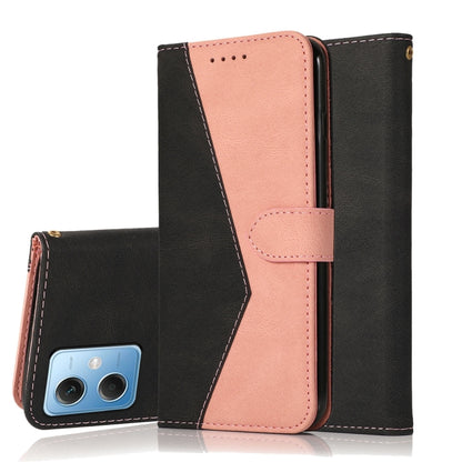 Dual-color leather phone case with pink and dark panels, stitched edges, phone back visible
