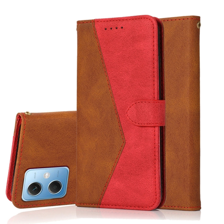 Dual-color leather phone case with red and tan panels, flip cover closed, phone back visible